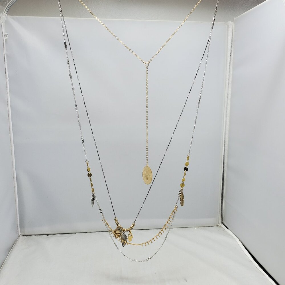 Festive 3 layer gold silver hematite tone chain necklace with charms